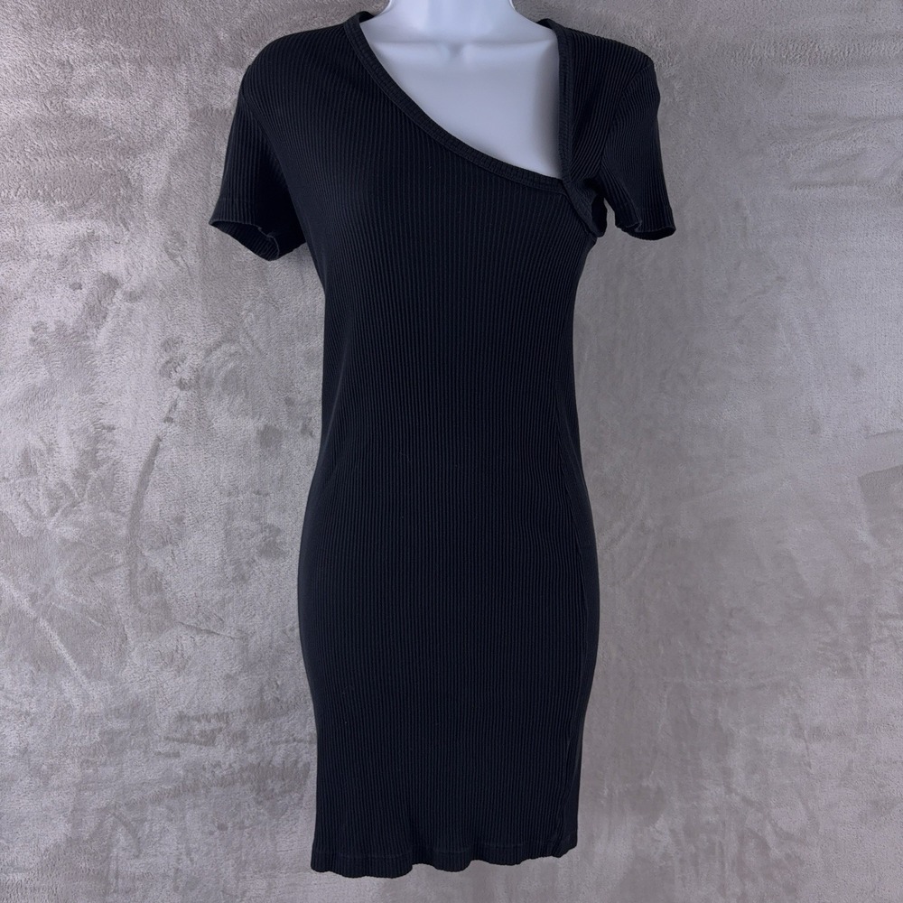 John Elliott Asymmetrical Dress Womens Size 1 Black Ribbed Short‎ Sleeve Minimal